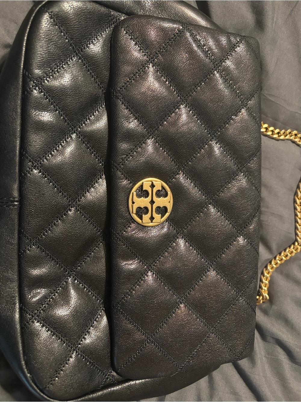 Tory Burch Black Quilted Leather Crossbody with Gold Logo